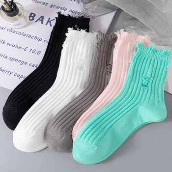 Нов пънк плътен цвят счупени чорапи мода Harajuku улица изтръгнат дупка просяк средата тръба чорапи Y2K хип-хоп скейтборд памук чорап Изображение
