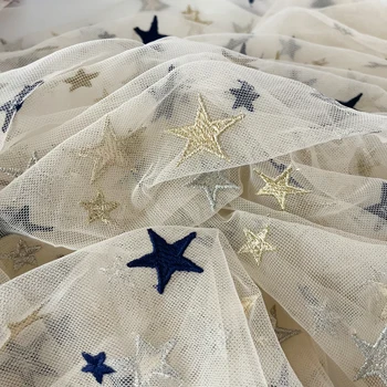 Нова кайсиева мрежа пет заострени звезда бродерия дантела плат за прекрасни бебешки дрехи Дамска рокля от метър Изображение