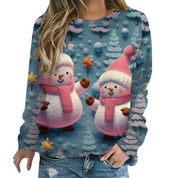 Нови дами бутик Коледа карикатура снежен човек печат сива врана дами топло качулка дами ежедневни дрехи дами улица мода отгоре Изображение