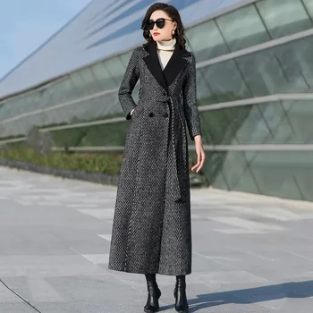 нови жени черно каре дълго вълнено палто есен зима мода простота костюм яка двойна редка тънък вълна смесени палто Изображение