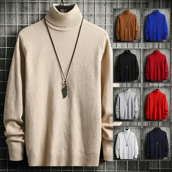 Нови мъже есен/зима плета пуловер плътен цвят високо деколте тънък случайни пуловер / мъжки мода марка поло плета пуловер пуловер пуловер Изображение