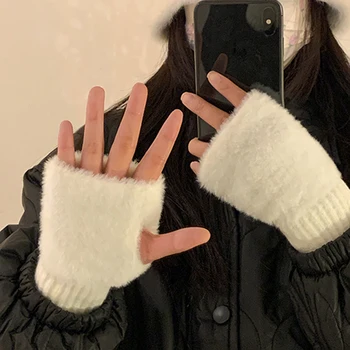 Норка руно мека зима половин пръст ръкавици жени топло луксозни твърди бели плюшени трикотажни ръкавица ръкавици писане Изображение