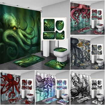 Океанско чудовище октопод печат душ завеса комплект водоустойчив баня завеса комплект с килими тоалетна покритие мат за баня декор Изображение