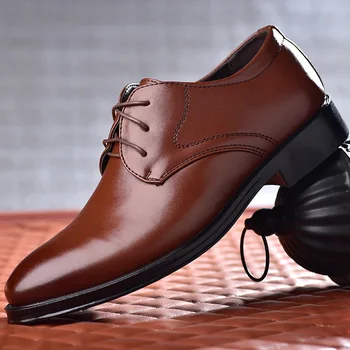 Официални черни кожени обувки за мъже дантела нагоре Оксфордс за мъжко сватбено парти офис бизнес случайни обувки плюс размер мъжки обувки Изображение