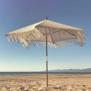 Персонализиран луксозен чадър Macrame Garden White Outdoor Fringe Wooden Canvas Boho Beach Umbrella with Tassels Изображение