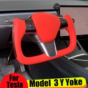 Персонализирана дръжка за иго Модел 3 червен волан с отопление от въглеродни влакна за Tesla Y аксесоари Изображение