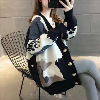 Плетена жилетка офис дама модни дрехи реколта пуловери случайни печат дълъг ръкав пролетта дамски дрехи есен T566 Изображение