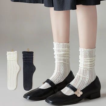 плътен цвят черни бели чорапи кухи навън тънки дишаща мрежа рибарска мрежа дантела чорапи жени момичета Harajuku реколта еластични дълги чорапи Изображение