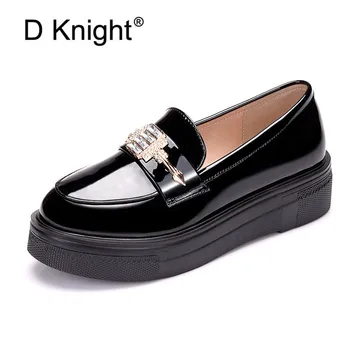 Плюс размер 33-43 Оксфорд дамски обувки кристал женски апартаменти мокасини платформа приплъзване на черно лачена кожа обувки жена дамски обувки Изображение