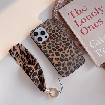 Прекрасен леопард печат PU кожен калъф за телефон за iPhone 14 13 12 11 Pro Max покритие с преносим плат каишка ремък ръчно въже Изображение
