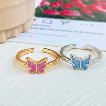 пънк сплав розов син капка масло злато цвят модни аксесоари корейски стил жени пръстени пеперуда Изображение