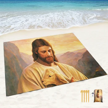 Религиозен Исус печат плажно одеяло, водоустойчиви пясъчни килими за пикник с пясъчни джобове и колове, външна подложка за море, пътуване Изображение