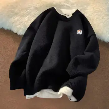 Ретро фалшиви две части двойка пуловер унисекс бродирани модел плетене върховете O-образно деколте дълъг ръкав случайни мъже жени мързелив пуловер Изображение