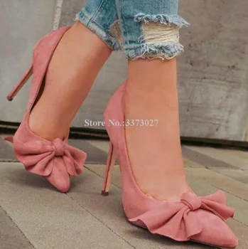 Розов велур пеперуда-възел Stiletto петата обувки дама сладък заострени пръсти папийонка високи токчета единични обувки жени мода банкетни обувки Изображение