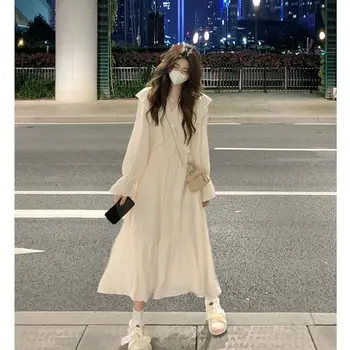 Рокли Жени Сладки Preppy стил есен вътре женски корейски ученичка ins елегантен v-образно деколте streetwear твърди меки парти къдри Изображение
