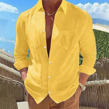 Свободно време Плътен цвят хлабав ризи мъже дълъг ръкав бутон завой-надолу яка случайни риза върховете есен мъжко облекло реколта ризи Изображение