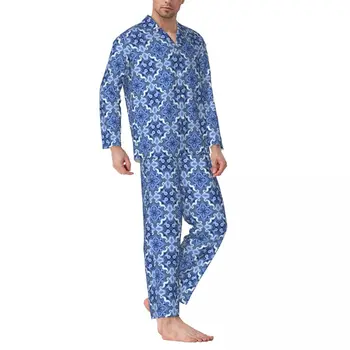 Синя барокова флорална пижама Есен ретро Бохемия печат удобен дом спално облекло мъж две части реколта извънгабаритни нощно облекло Изображение