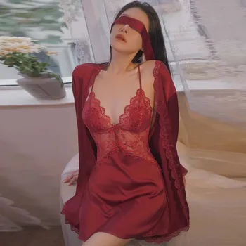 Старши секси пижама с подложка на гърдите приплъзване рокля нощница дантела дамски дрехи за дома Изображение