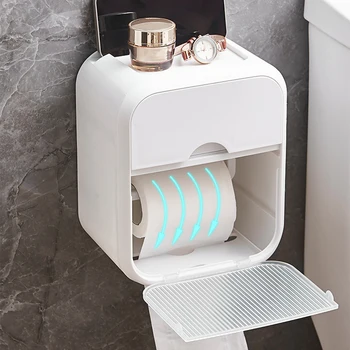 Стенен монтаж тъкан съхранение кутия самозалепващи не пробиване хартия кърпа дозатор с чекмеджета за баня тоалетна ролка хартия Изображение