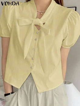 Туника дамски върхове 2024 VONDA елегантен плътен цвят вратовръзка къс ръкав ризи случайни хлабав къс ръкав блуза извънгабаритни Blusas Изображение