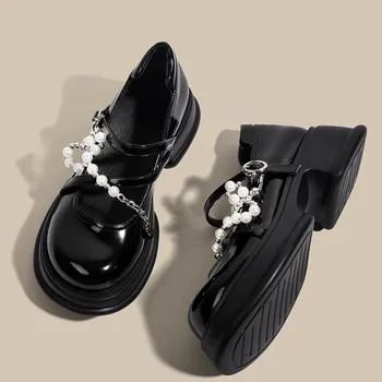 туфли женские Френска платформа мокасини Обувки Жени 2023 Нова перла Мери Джейн обувка висока кожена обувка колеж единична обувка жени обувки Изображение