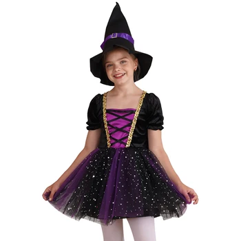 Хелоуин вещица вампир косплей костюм деца момичета къс балон ръкав блестящ окото Tutu рокля + заострена шапка комплект за изпълнение Изображение