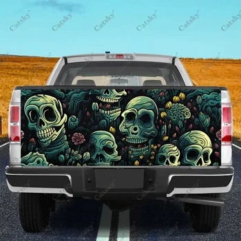 Цветни черепи Тъмен Хелоуин камион багажника обвивка професионален клас материал универсален годни за пълен размер камиони устойчиви на атмосферни влияния Изображение
