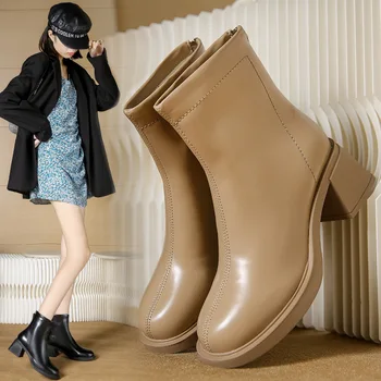 Челси ботуши жени Нови 2023 есенни обувки зимни обувки кръгли пръсти цип каучук висок ток глезена дами PU твърди езда шиене Изображение