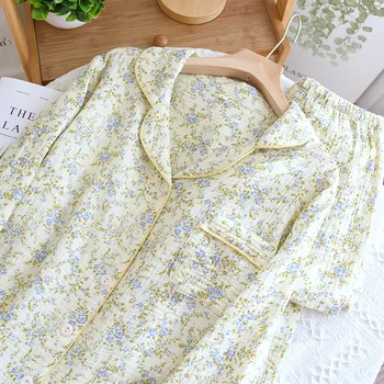 Чист памук корейски пижами комплекти за жена нощно облекло бельо есента цветен печат жените памук нощница пижами домашно облекло Изображение