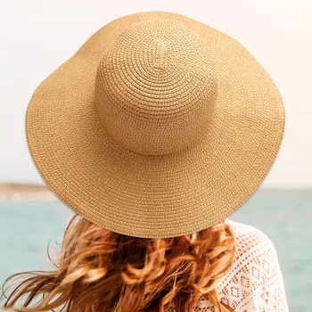 Широка периферия сламена шапка жени морски плаж летни шапки голяма периферия Sunhat пътуване капачка шапки женски слънце шапка козирка шапка тъкани шапка слънце Изображение