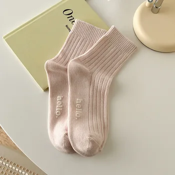 Японски стил плътен цвят Kawaii средна тръба чорапи жени глезена чорапи дишаща памук сладък къси чорапи за дами момичета Изображение
