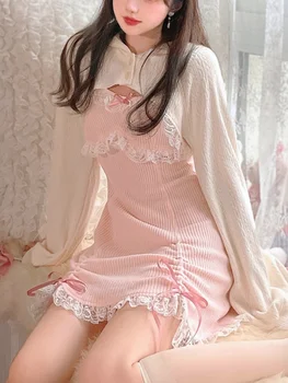 2023 Дантела японски сладък Лолита рокля жени лък розово Kawaii парти мини рокли Женска синя принцеса корейска модна рокля Зима Изображение