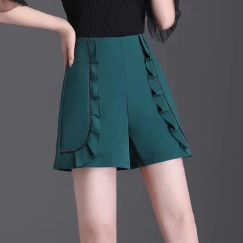 2023 Летни жени висока талия широк крак къдри черно зелени шорти , женски дрехи случайни разрошени шорти Изображение