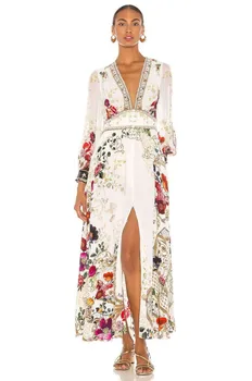 2023 Пролетна писта мода елегантна флорална макси рокля за жени дълбоко V деколте печат бохемски празнично парти рокли Изображение