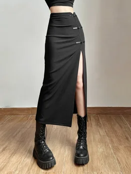 Black Sexy Split Simple Casual All-Match Hot Street Outing Cool Mature Vitality Personality Trend Basic Women's Skirt Изображение