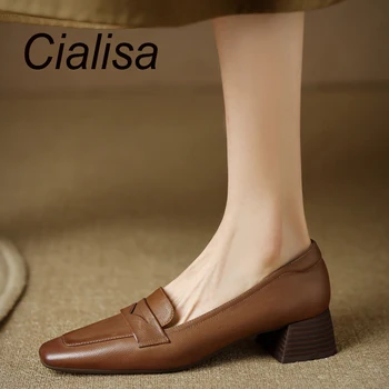 Cialisa Обувки от естествена кожа Жени Нова есен 2022 Реколта квадратни пръсти високо qualiy случайни средата токчета дама обувки каки голям размер 42 Изображение