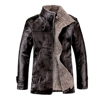 Men\\\'s Winter Warm Retro Faux Leather Coat Fur Lined Trench Outwear Jacket Lapel Zip Moto Black Khaki Red brown Изображение