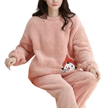 Дамски пухкави пижами комплект топли фоайе 2 части пижама комплект за жени момичета нощно облекло Изображение