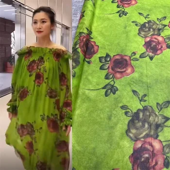 Експлозивни мръсни боядисани зелен цвят отпечатани коприна Жоржет плат пресни разстояние рамо рокля риза дизайнер шиене плат за жени Изображение