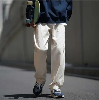 Есен нови мъжки плътен цвят всичко-в-едно товарни ежедневни панталони японски ретро широк крак хлабав случайни мъже прав крак панталони размер 3XL Изображение