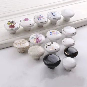 Кръгли керамични копчета и дръжки Черно-бял гардероб Кухненски копчета Дръжки на шкафове Чекмедже шкаф дърпа мебели хардуер Изображение