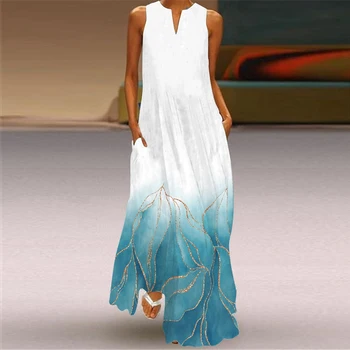 Лятна дълга рокля жени без ръкави хлабав v-образно деколте елегантни рокли парти 2023 Ново мастило живопис 3D печат реколта китайски стил рокля Изображение