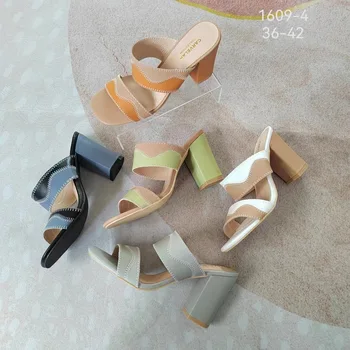 Лято смесени цветове чехли Peep Toe високи токчета марка дизайн дамски обувки дама помпи кратки уютни сандали мода Сапатос Mujer Изображение