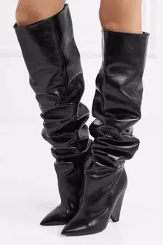 Най-новите модни жени заострени пръсти черни кафяви кожа над коляното шип петата ботуши сгънати дълги високи токчета ботуши секси ботуши Изображение
