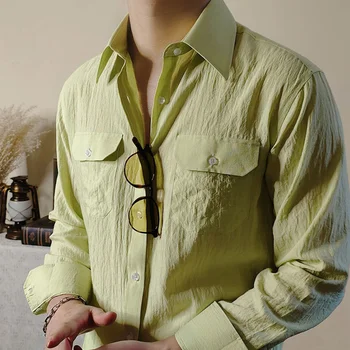 Ревера яка бельо дълъг ръкав риза ретро плътен цвят риза британски тънък универсален случаен риза мъж Camisa социална Masculina Изображение
